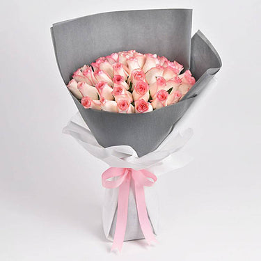 Divine Radiance, 35 Dual Shade Pink Roses, Pink Roses Bouquet, Black Shaded Packing, Ribbon